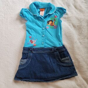 Vintage Y2K Dora The Explorer Denim Polo Dress Girls Size 4 Nickelodeon Kidcore